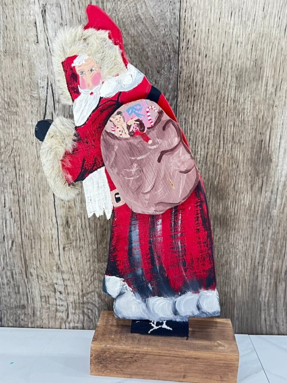 Vtg Rustic Santa Claus Wood 14” Father Christmas Holiday Toy Bag Fur